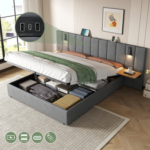 UK Local King Upholstered Bed With Charging Station, Velvet Hydraulic Storage Bed With Reading Light, 5ft King Bed Frame With Channel Tufted Headboard And Adjustable Bedside Shelf, Grey No Mattress