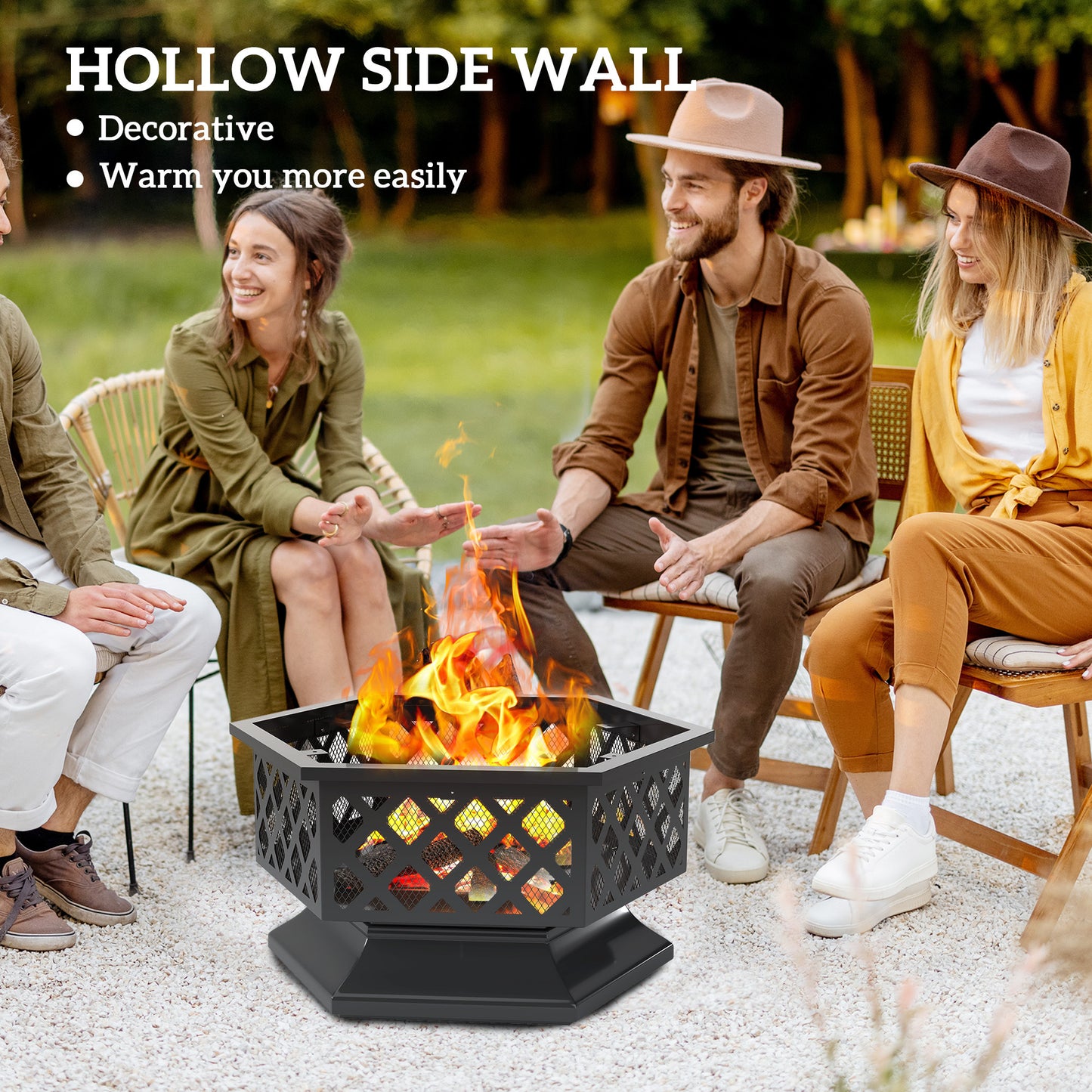 US Local 28 Outdoor Fire Pit With Grill Hexagon Fireplace Wood Burning Firepit With Cooking Grate, Fire Poker,  Screen Lid