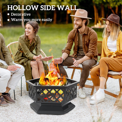 US Local 28 Outdoor Fire Pit With Grill Hexagon Fireplace Wood Burning Firepit With Cooking Grate, Fire Poker,  Screen Lid