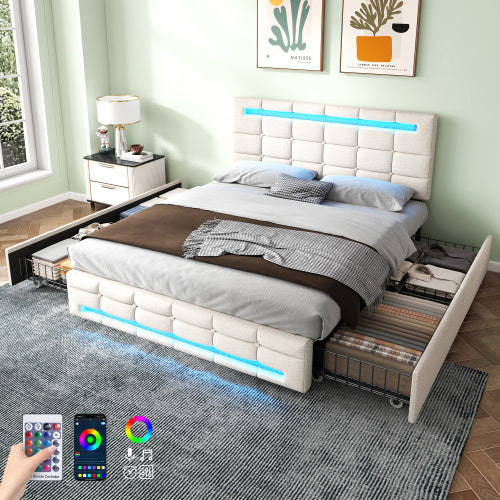 UK Local 4ft6 Double Upholstered Bed With LED Lighting And Storage Drawers, Linen Fabric Storage Bed Frame With Adjustable Button Tufted Headboard, No Box Spring Needed, Easy Assembly, Beige