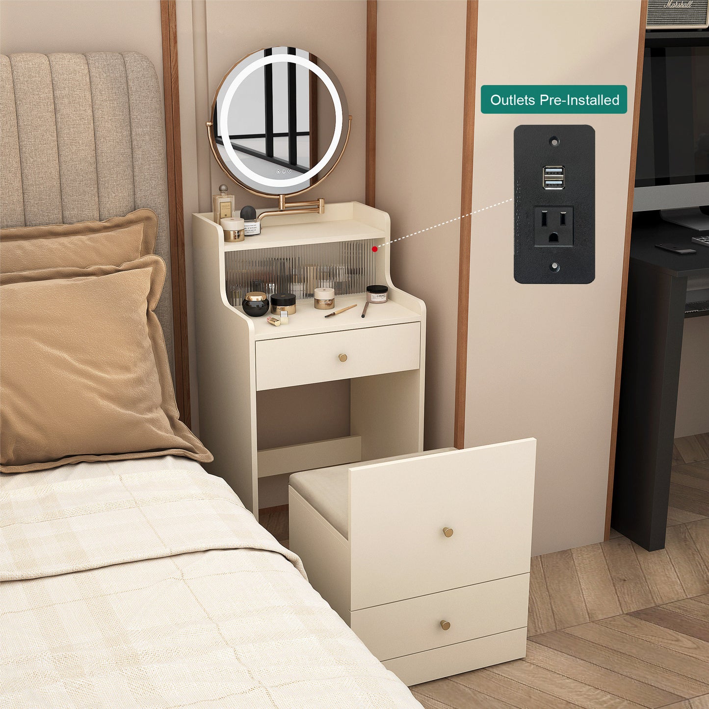 US Local 3 In 1 Vanity Desk With Mirror And Light ,Small Makeup Vanity Set With Charging Station, With 2 Drawers And Open Storage Space, With Upholstered Stool, Compact Dressing Table Writing Desk For Small Sp