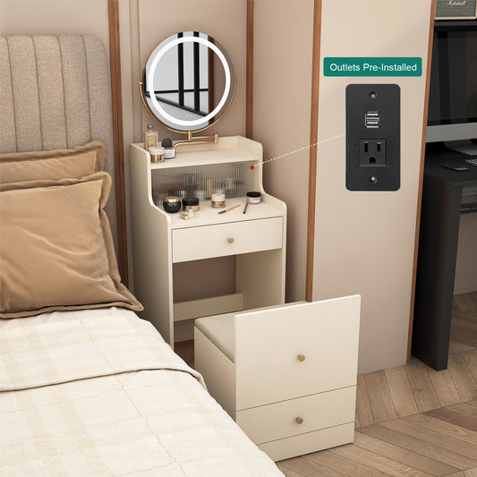 US Local 3 In 1 Vanity Desk With Mirror And Light ,Small Makeup Vanity Set With Charging Station, With 2 Drawers And Open Storage Space, With Upholstered Stool, Compact Dressing Table Writing Desk For Small Sp