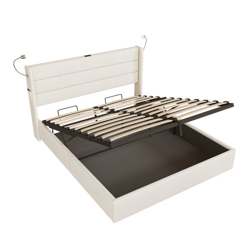 UK Local King Upholstered Bed With Charging Station, Linen Hydraulic Storage Bed With Adjustable LED Reading Light, 5ft Double Bed Frame With USB And Type  C Ports, No Box Spring Needed, Beige