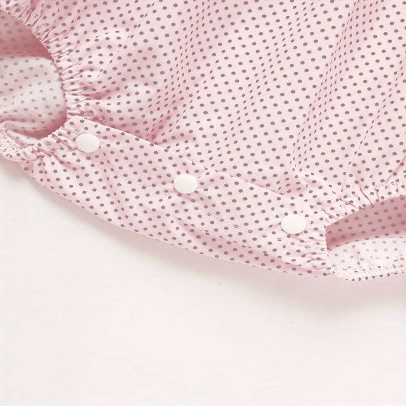 US Local Baby Girl's Short Sleeve Pink Romper, Polka Dot Pattern With Heart Embroidery And Ruffle Detail