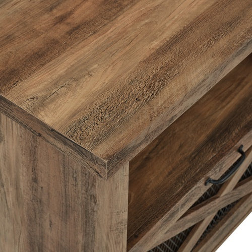 US Local Industrial Farmhouse Metal Mesh Drop-Down X-Door Fireplace TV Stand For TVs - Rustic Oak