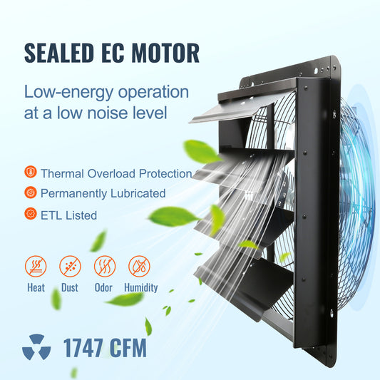 VEVOR Shutter Exhaust Fan, 16'' With Temperature Humidity Controller,  EC-motor, 2650 CFM, 10-Speed Adjustable Wall Mount Attic Fan, Ventilation And Cooling For Greenhouses, Garages, Sheds, ETL Listed