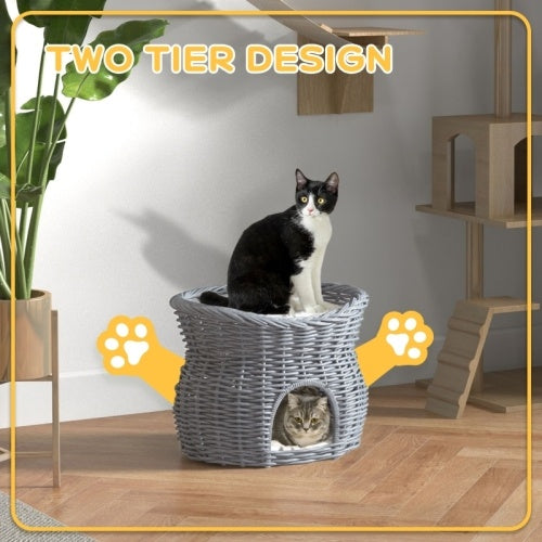 UK Local PawHut 2-Tier Wicker Cat House Elevated Pet Bed Basket Willow Kitten Tower Pet Den. With Washable Cushions 56x37x40cm Grey