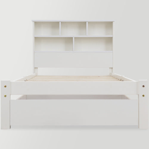 UK Local Bed With Shelves, White Wooden Storage Bed, Underbed Drawer - 3FT Single 90 X 190 Cm Frame Only