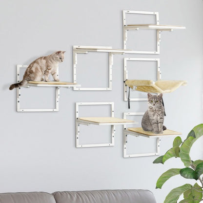 US Local PawHut 6-pc Modern Cat Wall Shelves For Indoor Cats, Height Adjustable Jumping Platforms