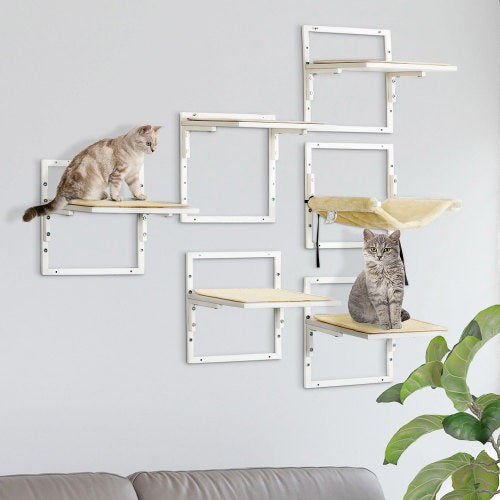 US Local PawHut 6-pc Modern Cat Wall Shelves For Indoor Cats, Height Adjustable Jumping Platforms