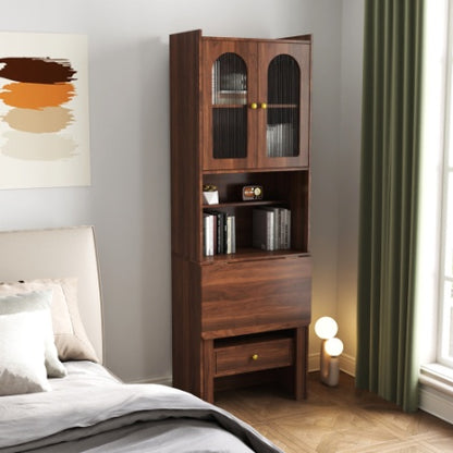 US Local Fold-Out Convertible Writing Table, Desk Cabinet With Shelf And Drawer Multi-Function Home Office Workstation