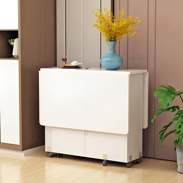 US Local Folding Drop Leaf Dining Table With 6 Wheels And 2-Layer Storage Shelf, Space Saving Table For Small Spaces, 47.2 Inch D X 23.6 Inch W X 30.3 Inch H, White