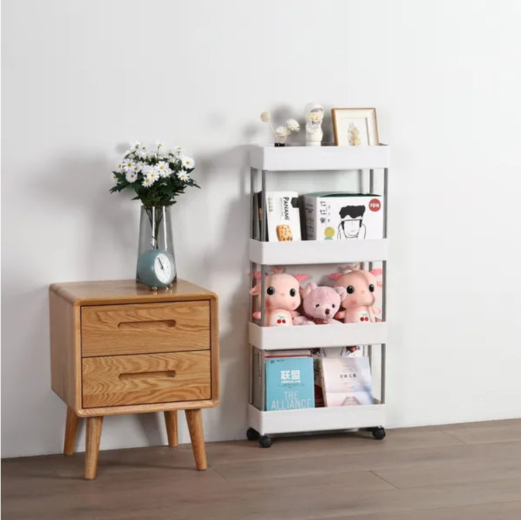 US Local 4 Tier Slim Storage Cart Mobile Shelving Unit Organizer Slide Out Storage Rolling Utility Cart Tower Rack For Kitchen Bathroom Laundry Narrow Places, Plastic & Stainless Steel, White