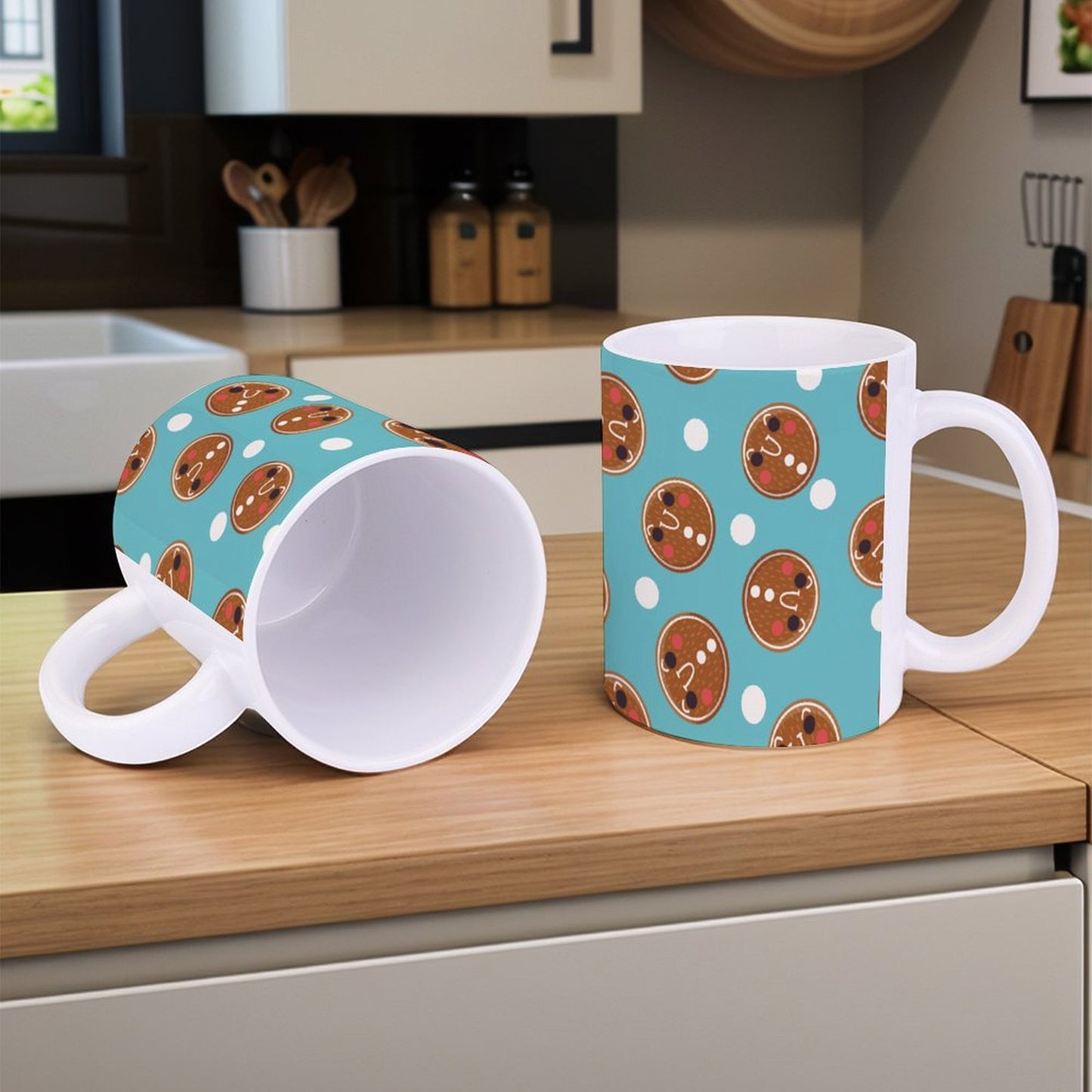 POD US Local White mug with full print, Christmas Gingerbread Man Circle Blue 0069