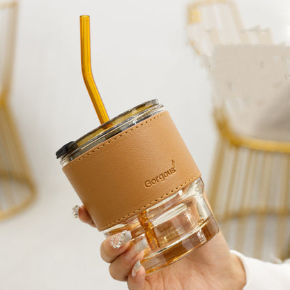 Creative Portable Bamboo Cup With Lid Straw Glass