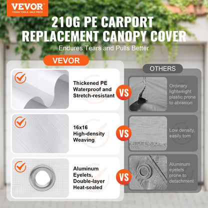 US Local VEVOR Carport Replacement Canopy Cover 10 X 20 Ft, Garage Top Tent Shelter Tarp Heavy-Duty Waterproof & UV Protected, Easy Installation With Ball Bungees,White Only Top Cover, Frame Not Include