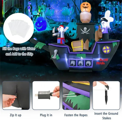 US Local 7 Ft Inflatable Halloween Pirate Boat With LED Light Blower