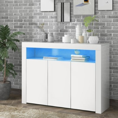 UK Local High Gloss White Sideboard Display Cabinet With LED Lights, Modern 3-Door Wood Buffet Cupboard Storage Unit With Remote Control For Kitchen Living Room Dining Room Hallway