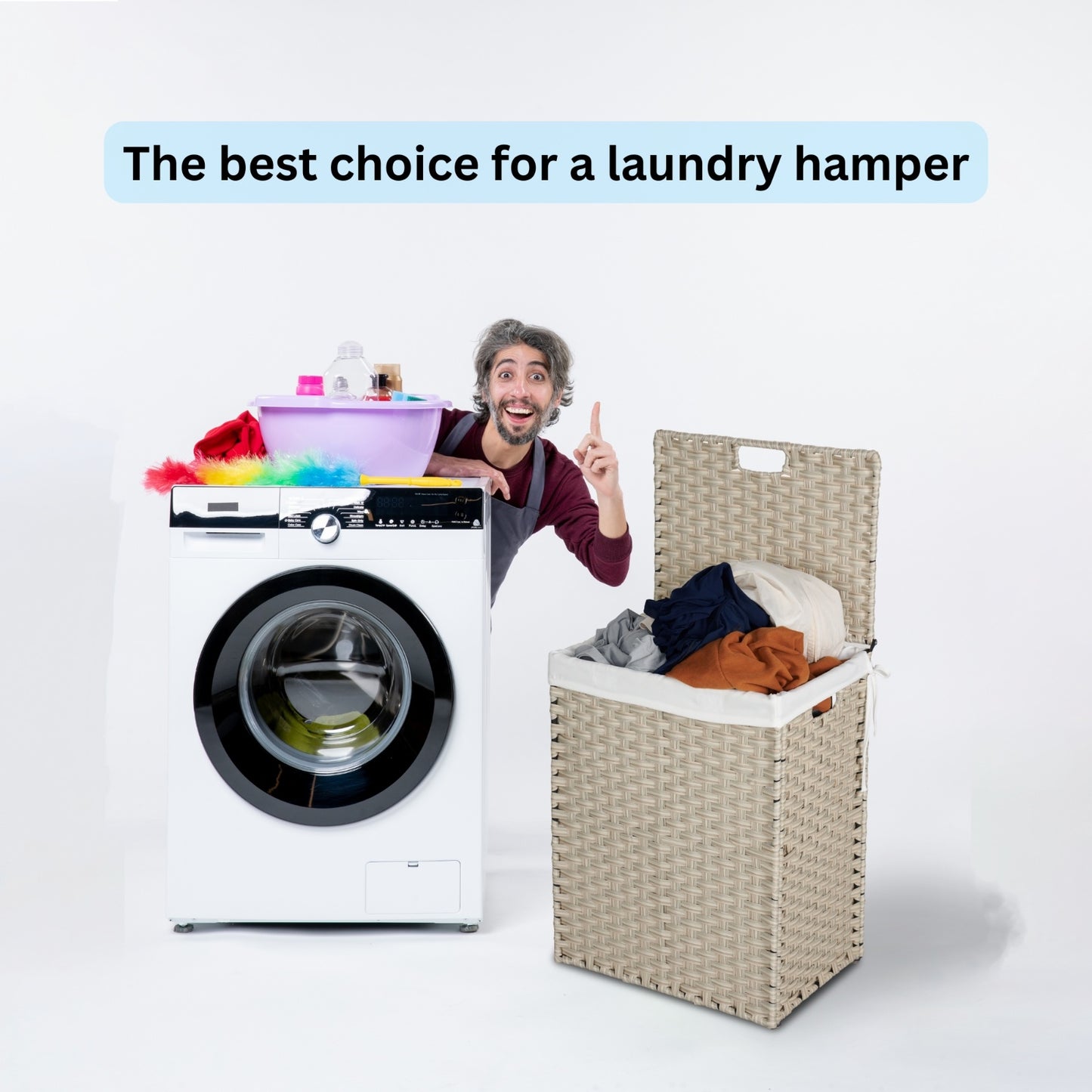 US Local Laundry Hamper With Lid PE Rattan Powder Coating Frame Clothes Hampers With 02 Removable Bags,