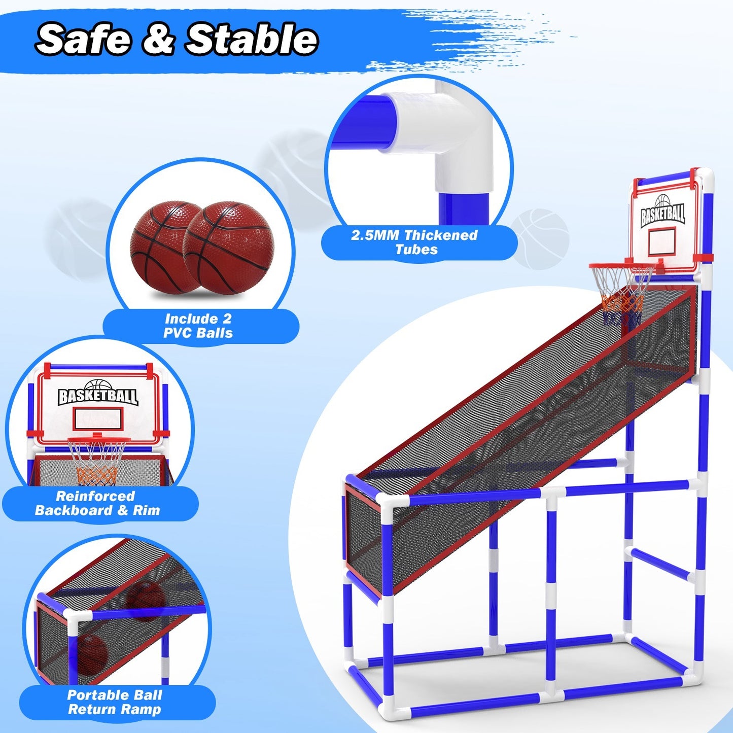 US Local 1Set Kids Basketball Game Set With 2 Balls Adjustable Height Basketball Hoop Arcade Game Indoor Outdoor Toys For Boys Girls Aged 3 To 12