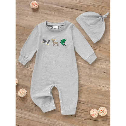 US Local Newborn Baby Boy Outfits Long Sleeve Animal Print Romper & Hat 2Pcs Fall Winter Clothes Set