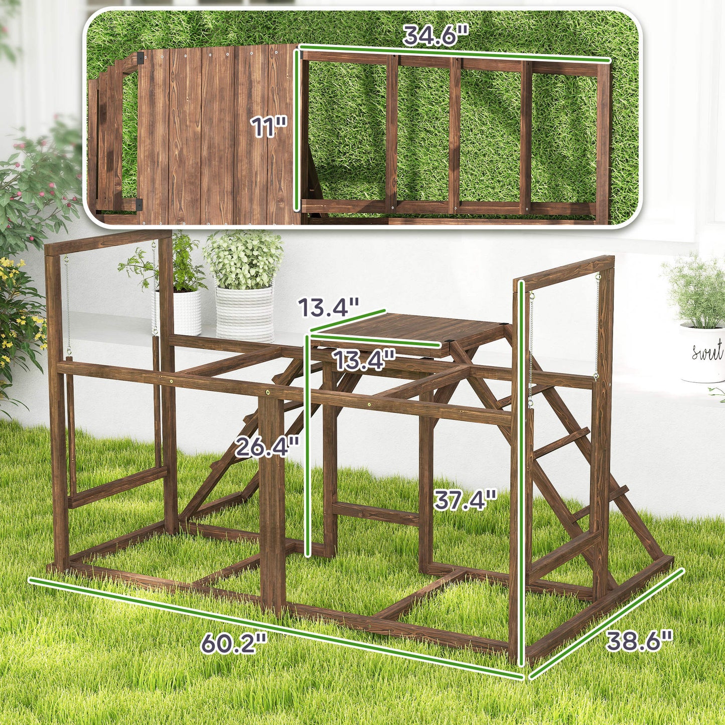 US Local Chicken Activity Play Set With Multiple Chicken Perches, Swing, Ladder, Platform For 3-4 Chickens, Coffee