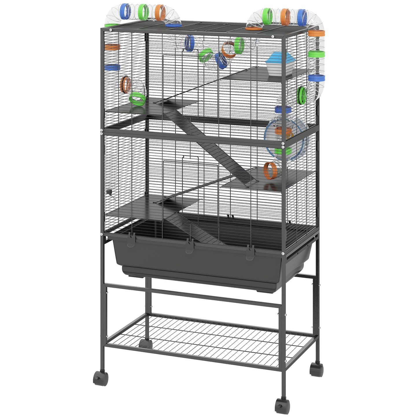 US Local 5 Tier Hamster Cage, Rolling Rat Cage With Deep Tray, Storage Shelf, Big Exercise Wheel, Hut, Tube System
