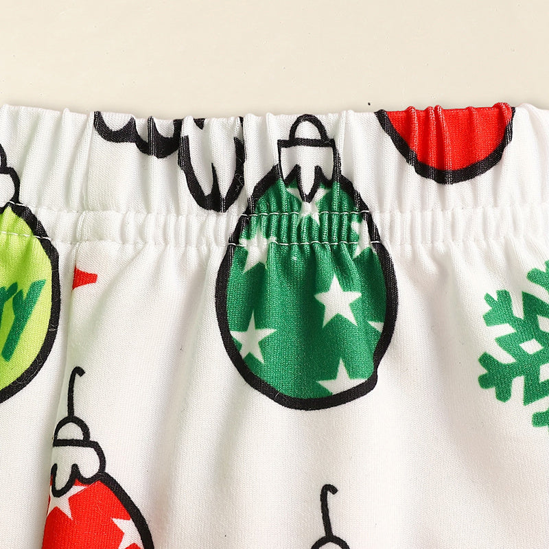 US Local Toddler Baby Girls Christmas Clothes Ruffle Long Sleeve Heart Print Tops Dress Christmas Ball Print Flared Pants With Headband Outfits Set