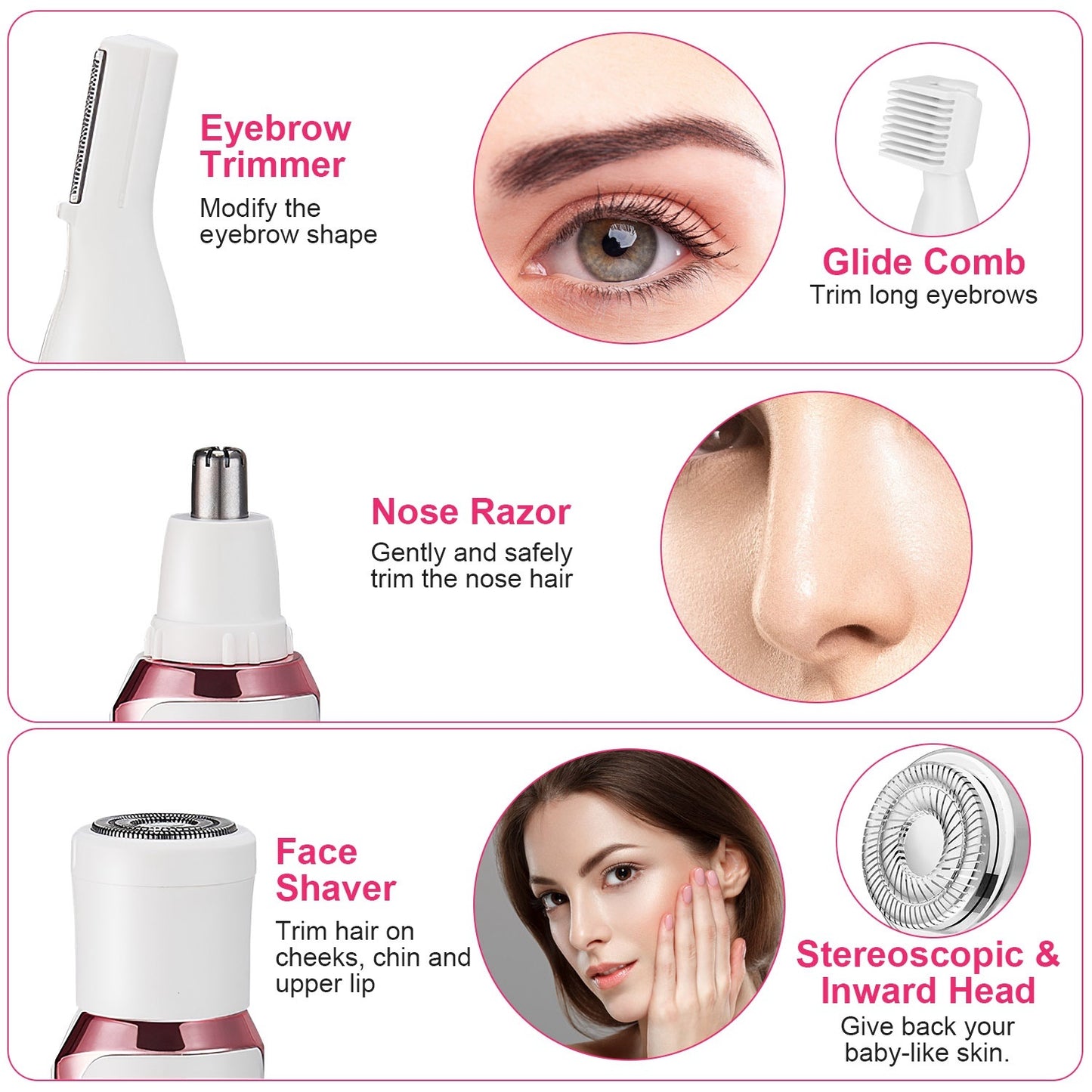 US Local 1Pc 4 In 1 Electric Razor For Women Painless Grooming Kit Rechargeable Eyebrow Nose Hair Pubic Hair Bikini Trimmer Face Shaver