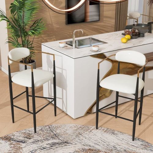 US Local Barstools Set Of 2, Counter Height Upholstered Bar Stools With Back For Kitchen Island, Beige Faux PU Leather Seating Black Iron Legs 260LBS Weight Capacity