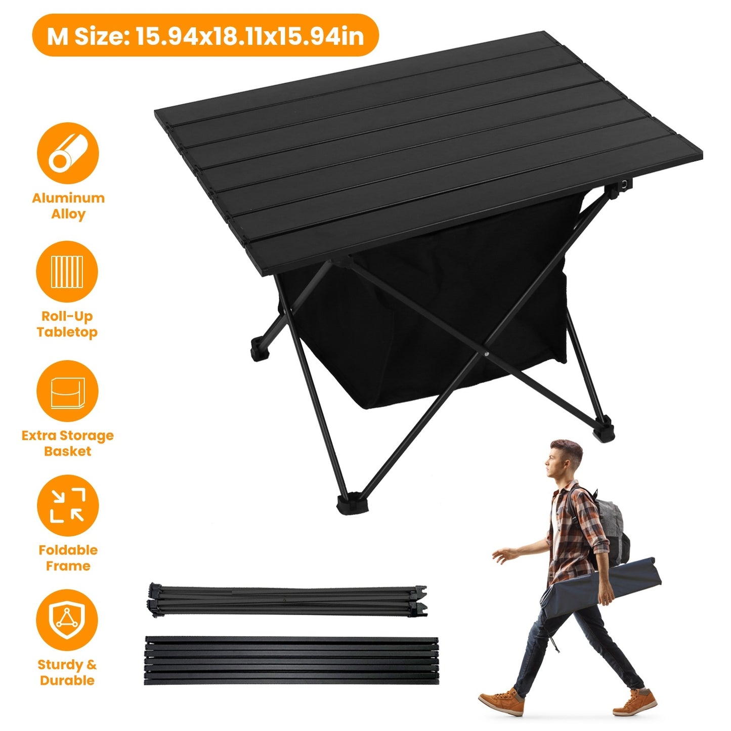 US Local 1 Pc Foldable Camping Table With Storage Basket Rustproof Portable Aluminum Alloy Roll-Up Camping Table With Carrying Bag For Camping Hiking BBQ Picnic Fishing Fedex Shipping