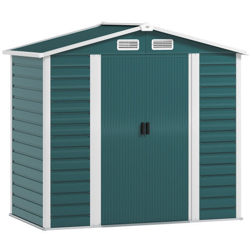 UK Local Outsunny 7 X 4ft Garden Shed, Easy To Assemble, Upgraded Galvanised Steel Frame With Foundation Kit, Double Doors With Lock, Outdoor Metal Shed With Vents And Gloves, Garden Storage Shed, Green