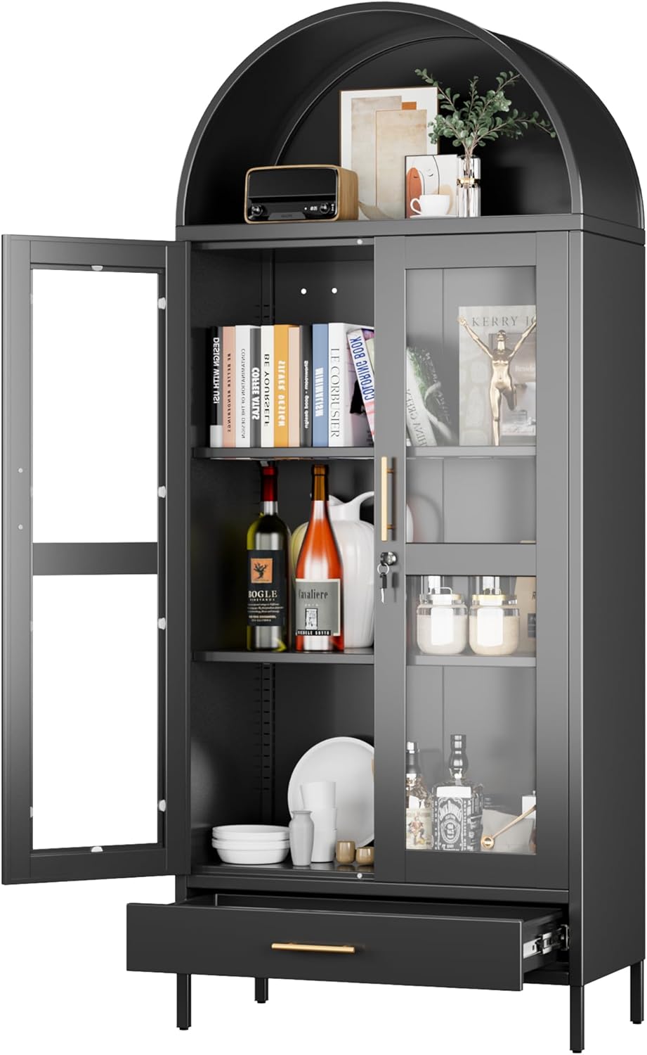 US Local Metal Arched Display Cabinet With Lock, Modern Arch Kitchen Pantry Storage Cabinet With Glass Doors 1 Drawer For Living Room, Bookshelf, Assembly Required Black