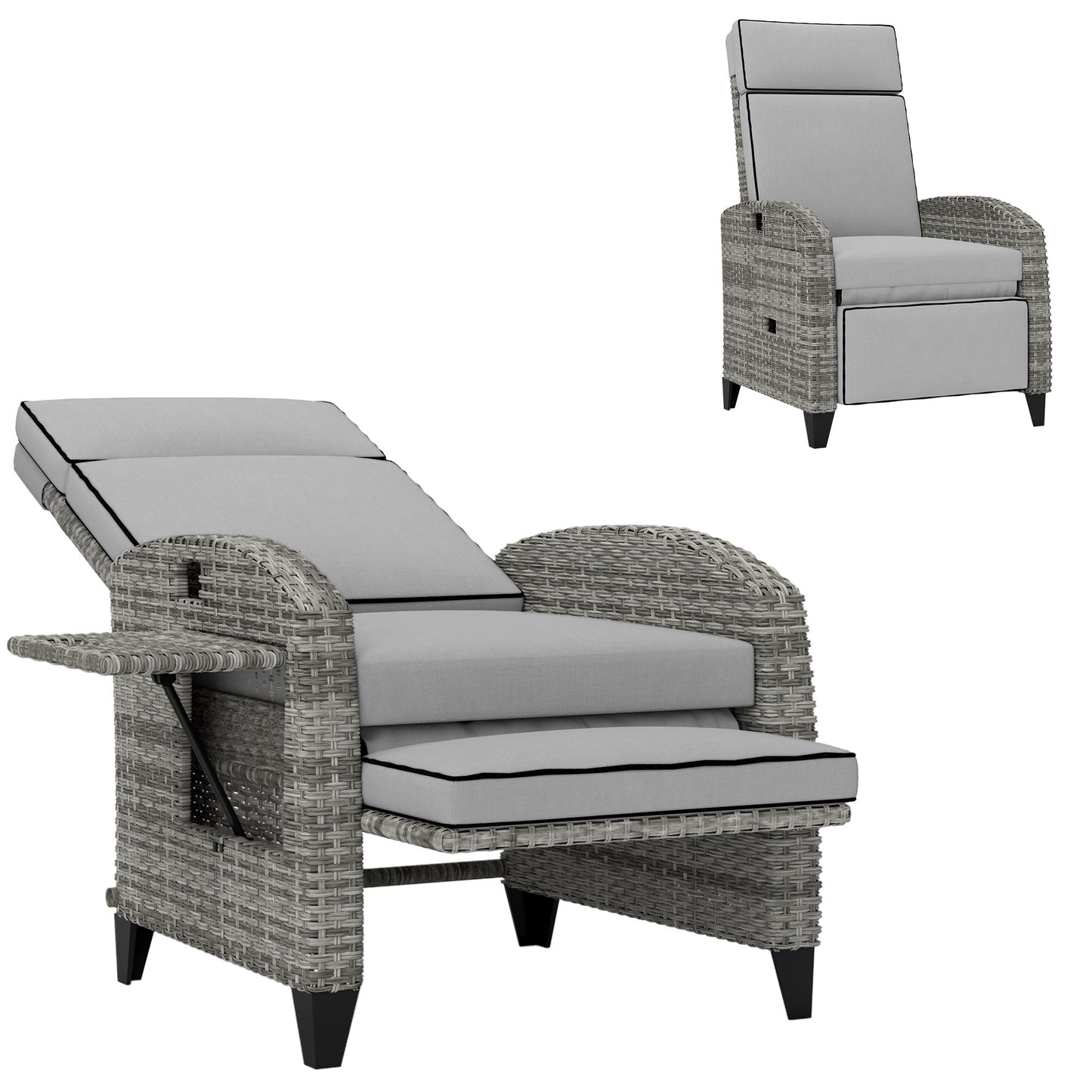 US Local Outdoor Recliner Chair With Cushions, Reclining Patio Lounge Chair With Adjustable Footrest, Armrests, Tray Table, Gray