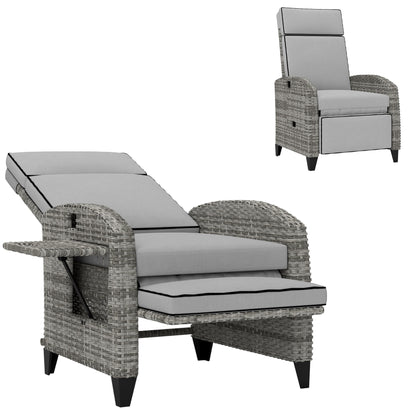 US Local Outdoor Recliner Chair With Cushions, Reclining Patio Lounge Chair With Adjustable Footrest, Armrests, Tray Table, Gray