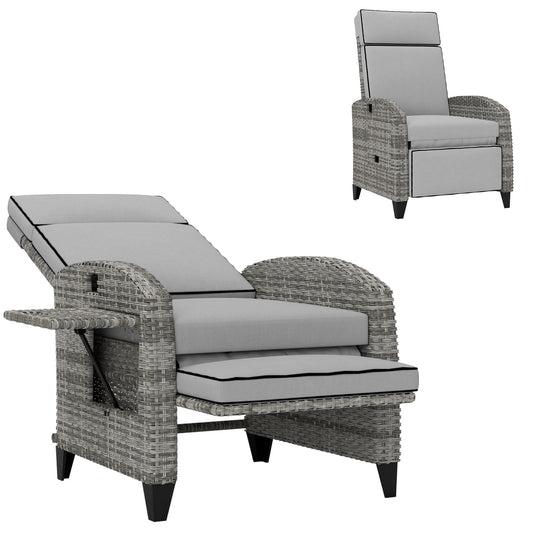 US Local Outdoor Recliner Chair With Cushions, Reclining Patio Lounge Chair With Adjustable Footrest, Armrests, Tray Table, Gray