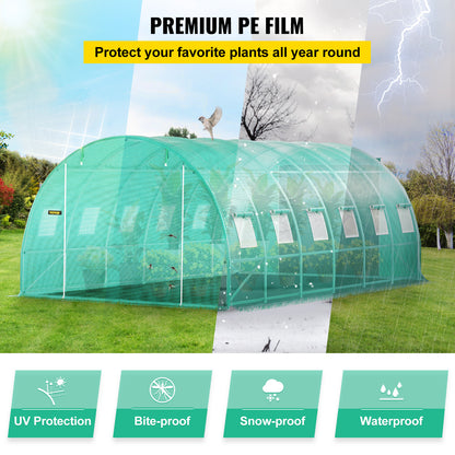 US Local VEVOR Walk-in Tunnel Greenhouse, 20 X 10 X 7 Ft Portable Plant Hot House W Galvanized Steel Hoops, 3 Top Beams, Diagonal Poles, 2 Zippered Doors  12 Roll-up Windows, Green