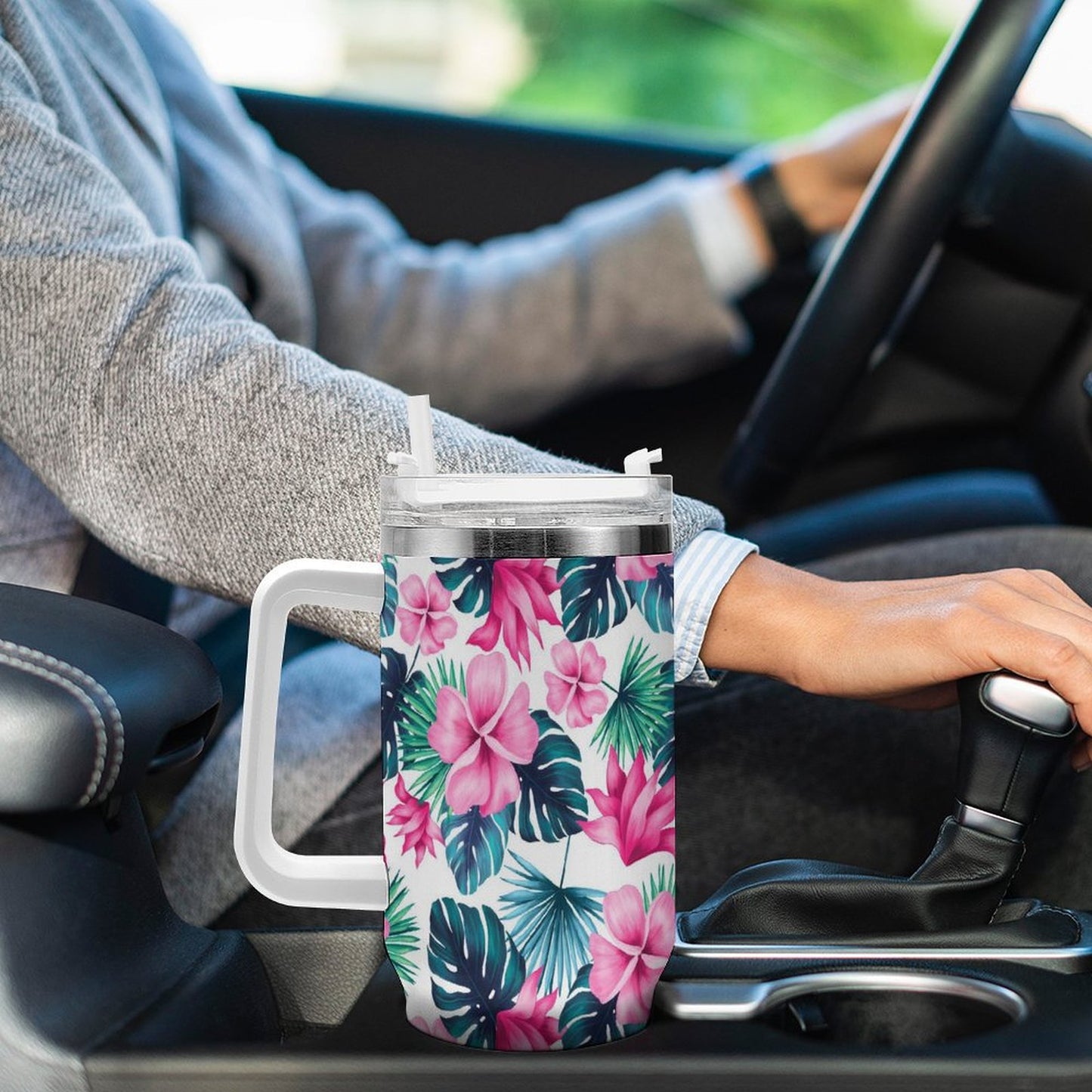 PHDT00458 POD US Local Tumbler 40 oz Large Capacity Car Cup Summer, Aqua Red, Flowers, Green Leaves