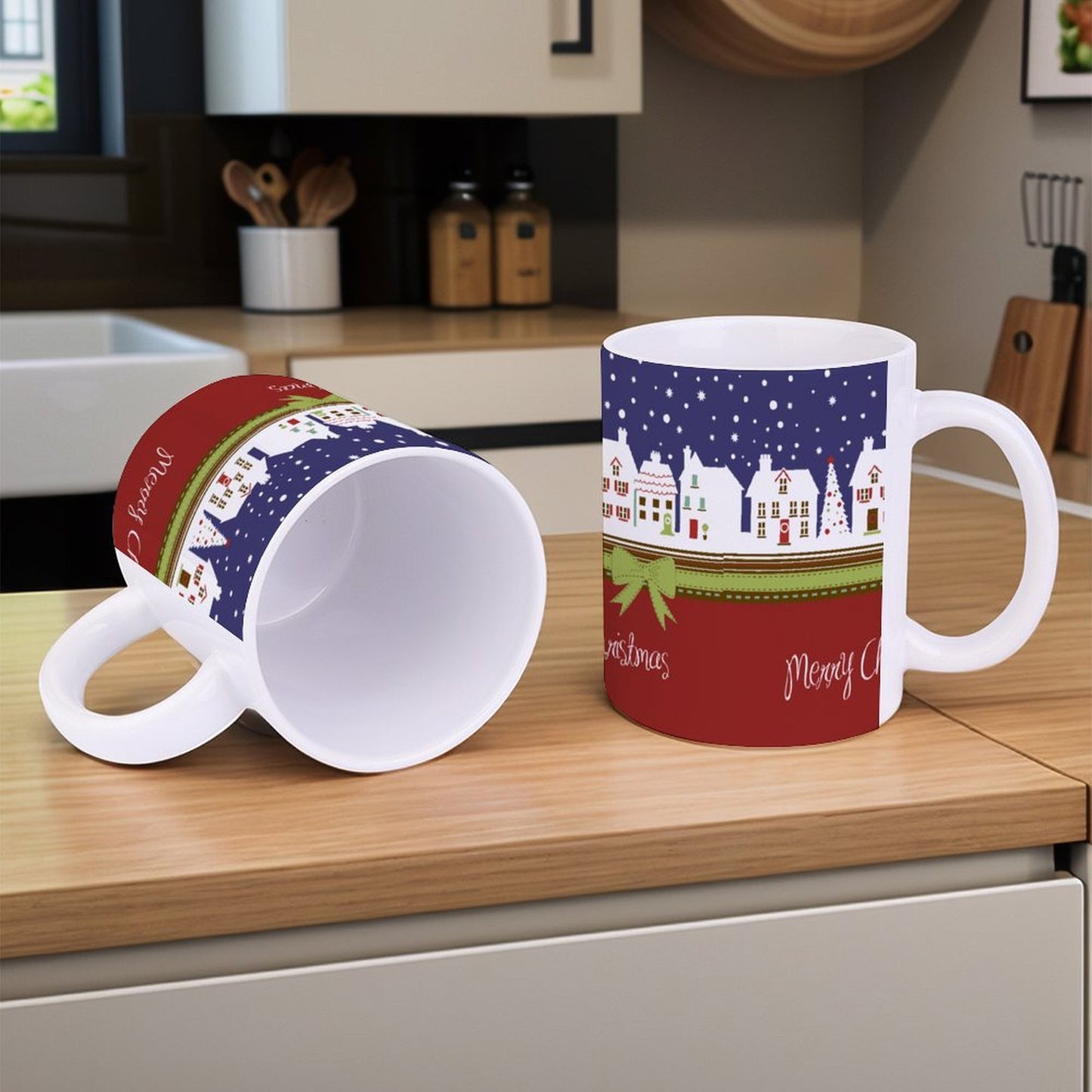 POD US Local White mug with full print, Christmas, Snow, House 0036