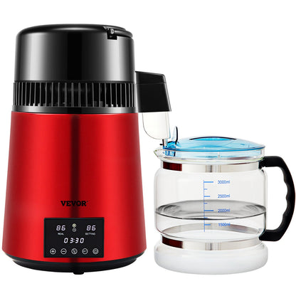 US Local 1.1Gal Water Distiller, 750W Distilled Water Maker Machine 0-99H Timing Dual Temp Display, 304 Stainless Steel Countertop Distiller Glass Carafe Cleaning Powder 3 Carbon Packs, Red