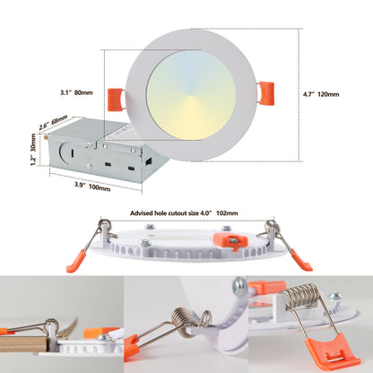 US Local 12-Pack 4 Inch Ultra-Thin LED Recessed Ceiling Light With Junction Box, 2700K-5000K Dimmable Color Changing Downlight, 9W 810LM, Easy Install, Ideal For Kitchen, Bedroom, Basement