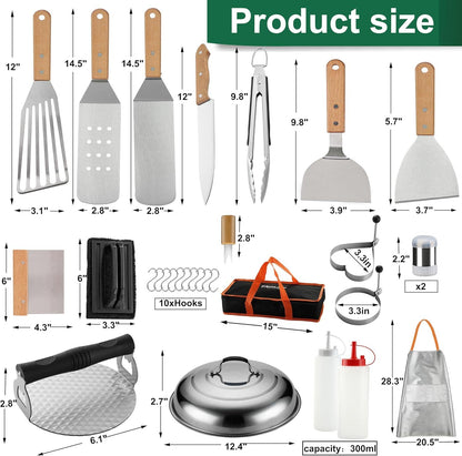 US Local Grilljoy Griddle Accessories Set With Robust Plastic Handle, All-in-One Griddle Tools Kit For Flat Top Grills Teppanyaki Hibachi, Stainless Steel Grill Spatula Kit For Outdoor Camping Grilling