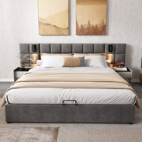 UK Local Upholstered Bed, Double Bed-4ft6 135x190cm, Hydraulic Storage Bed With Directional Lamp And USB Charging, Wide Headboard, Checkerboard Pattern, Without Bedside Tables And Mattress, Velvet, Grey
