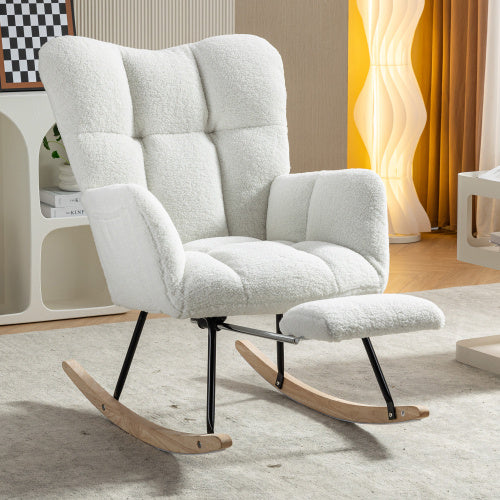 UK Local New Modern Teddy Fabric Tufted Upholstered Rocking Chair With Pull-out Footrest