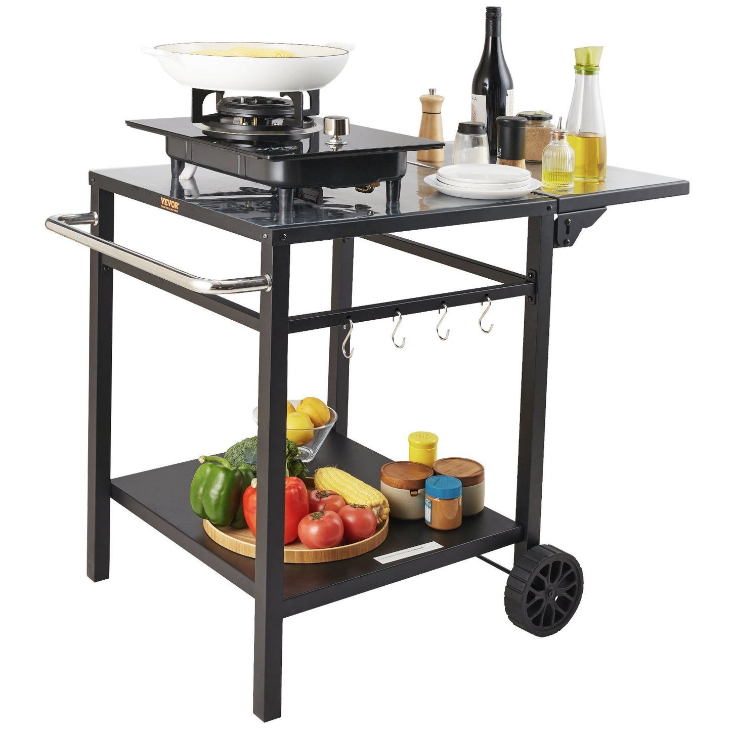 US Local Outdoor Grill Dining Cart With Double-Shelf, BBQ Movable Food Prep Table, Multifunctional Foldable Iron Table Top, Portable Modular Carts For Pizza Oven, Worktable With 2 Wheels, Carry Handle