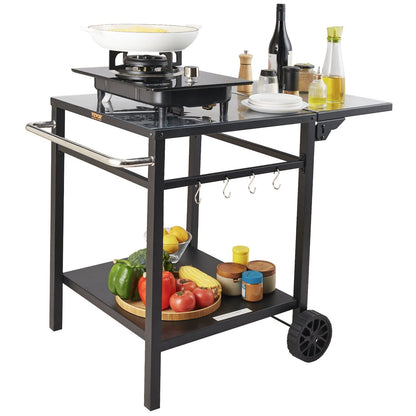 US Local Outdoor Grill Dining Cart With Double-Shelf, BBQ Movable Food Prep Table, Multifunctional Foldable Iron Table Top, Portable Modular Carts For Pizza Oven, Worktable With 2 Wheels, Carry Handle