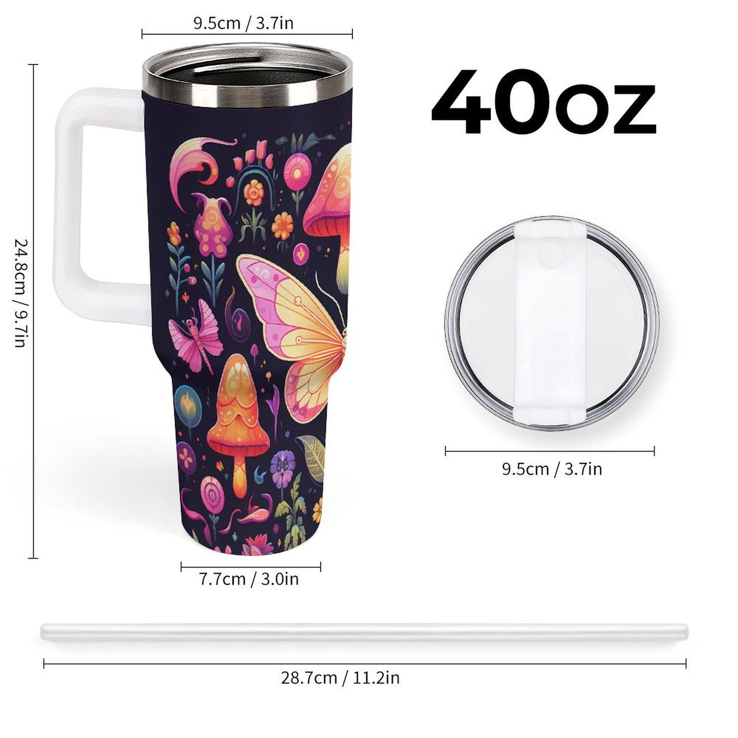 PHDT00528 POD US Local Tumbler 40oz Large Capacity Car Cup Butterflies, Mushrooms, Vitality