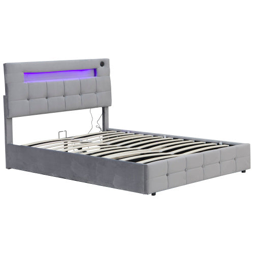 UK Local 4ft6 Double Upholstered Bed Frame With Hydraulic Storage, Velvet Ottoman Bed With LED Lighting And Charging Station, Double Bed With Adjustable Button Tufted Headboard, Beige