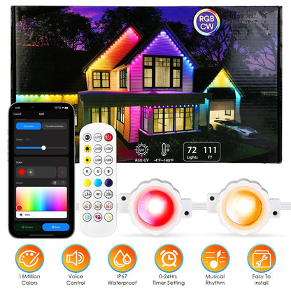 US Local 101FT Length Permanent Outdoor Lights With 72Pcs RGB Beads IP67 Waterproof Smart Eave Light For Halloween Christmas Daily House Lighting Works With Alexa Google Assistant