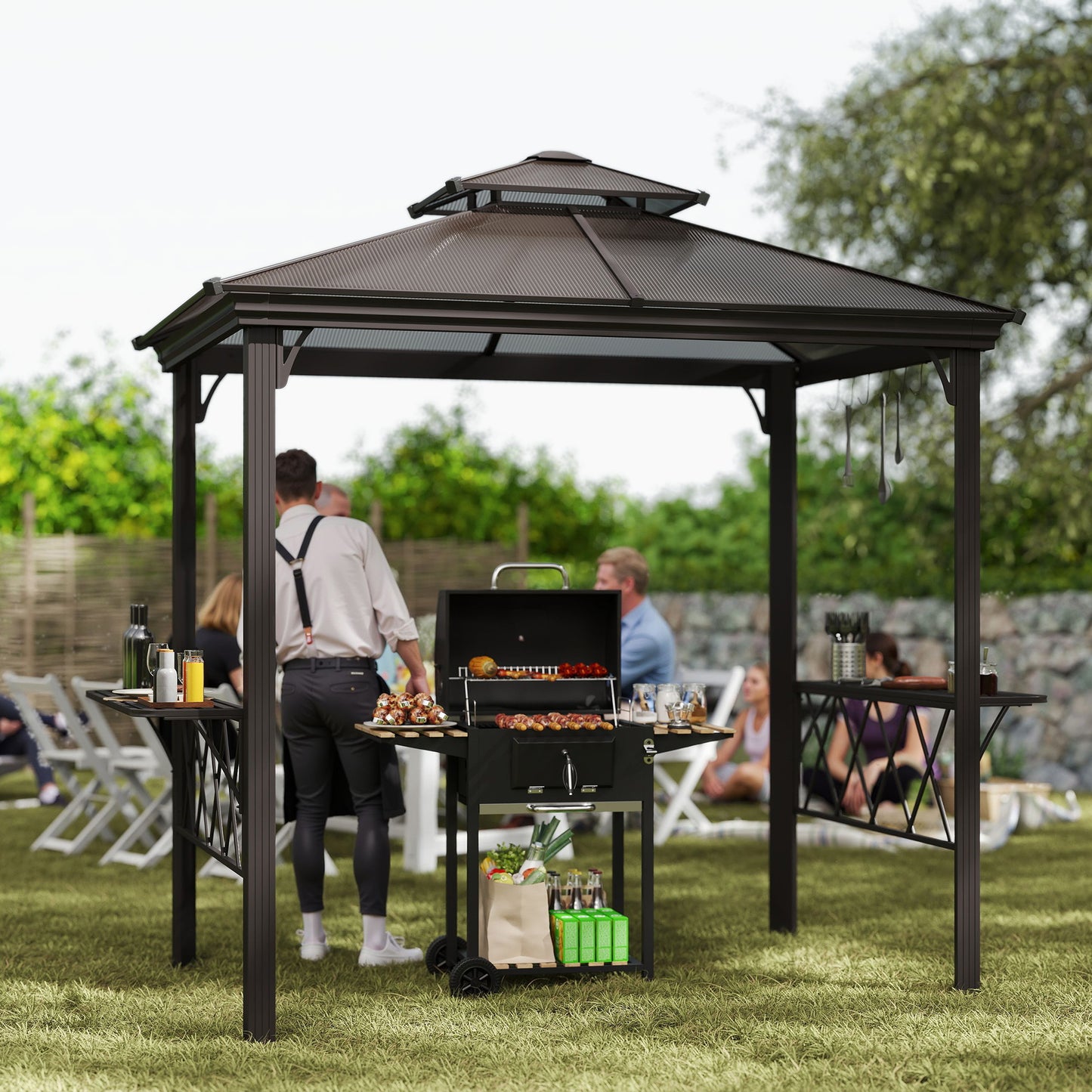 US Local Outside Porch BBQ Cooking Pergola Canopy With 6 Hooks For Utensils And Double Venting Roof, Coffee